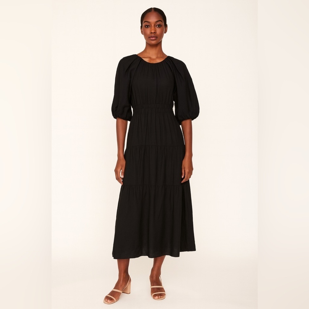 Moon River Puff Sleeve Shirred Cutout Tiered Midi Dress Medium Black Boho Chic